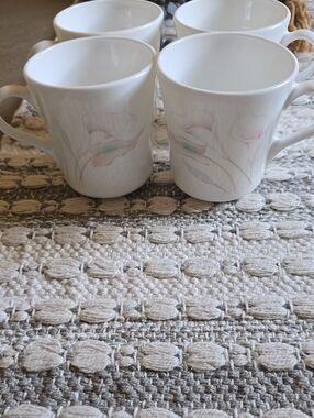 Corningware White Mugs with Soft Pink and Pale Green Floral Motif - Set of 4